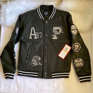 Ring of Fire Boys Olive Hanan Varsity  Jacket With Patches Size Small NWT.